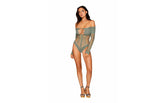 Dreamgirl Lingerie Seamless Long Sleeve Teddy With Removeable Gold Halter Chain Sage - - Teddies and Bodysuits